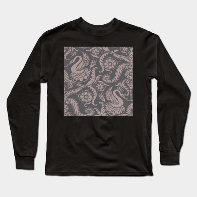 Tan on Grey Classy Medieval Damask Swans Long Sleeve T-Shirt by JamieWetzel